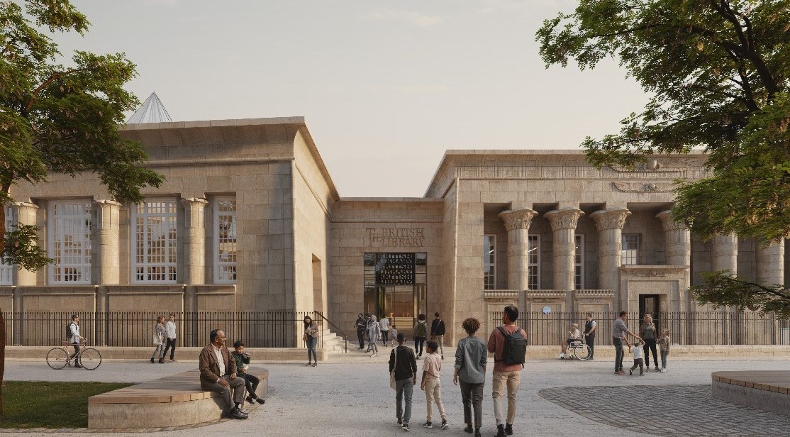 People walking up to a beautiful sand-coloured building with the British Library sign 